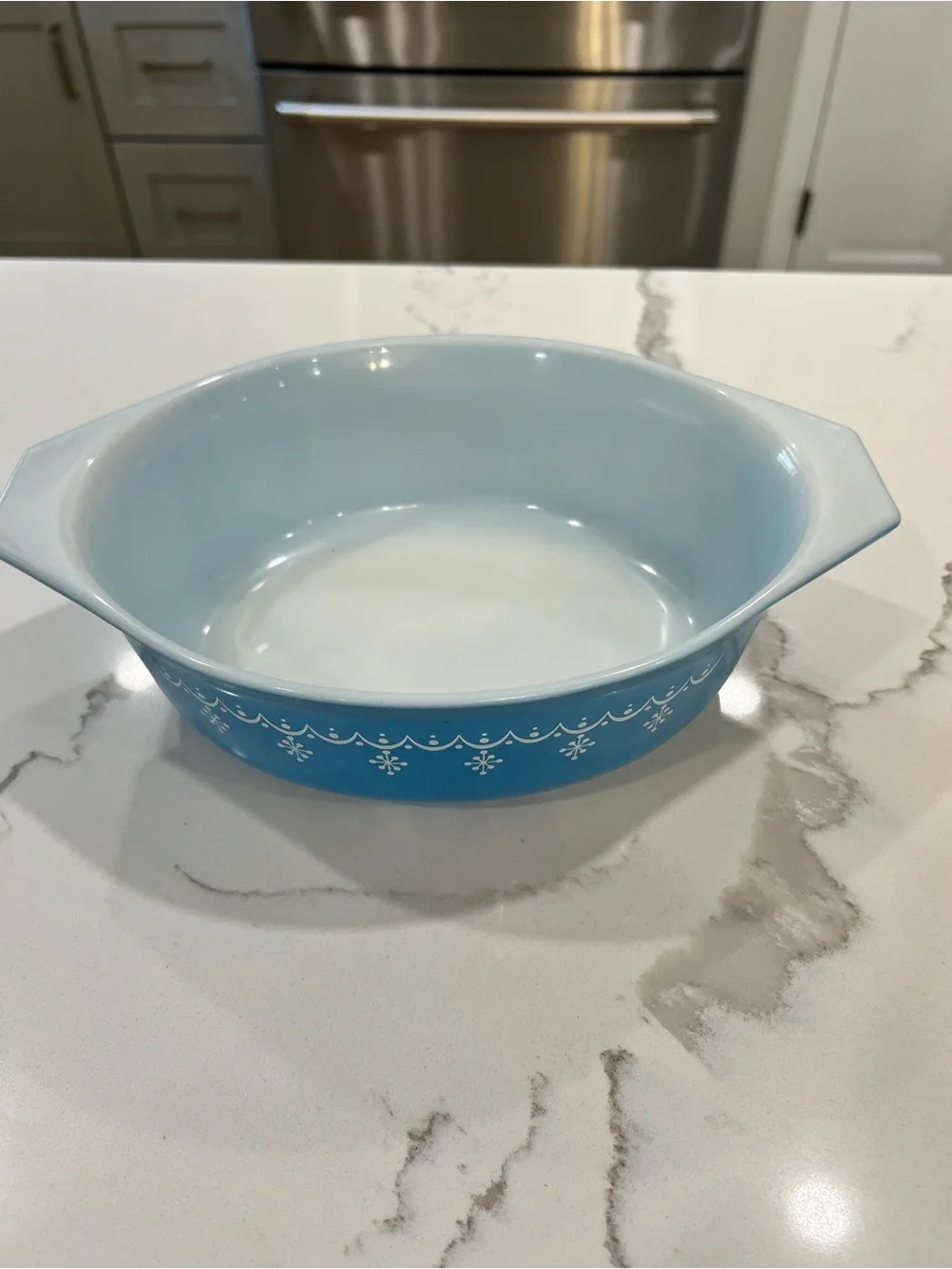 Vintage Pyrex Snowflake Garland Blue 1.5 QT Oval Casserole Dish #043 – No Lid